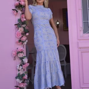 Vestido Midi Jasmine em Linho Cru e Azul